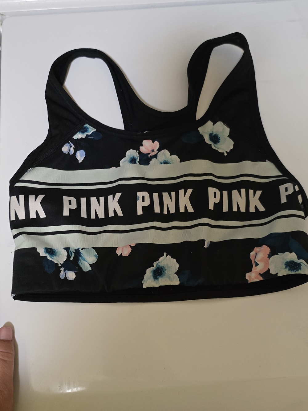 PINK Victoria's Secret Black Floral Logo Sports Bralette with Pastel Accents